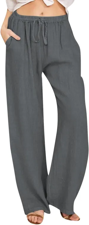 Womens Linen Pants Cotton Petite Wide Leg Palazzo Pants Casual Summer Beach Pants High Waist Trousers Yoga Pants with Pockets