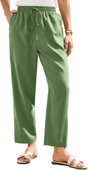 Womens Linen Pants Straight Leg Elastic Drawstring Lightweight Trousers Summer Beach Lounge Pants with Pockets