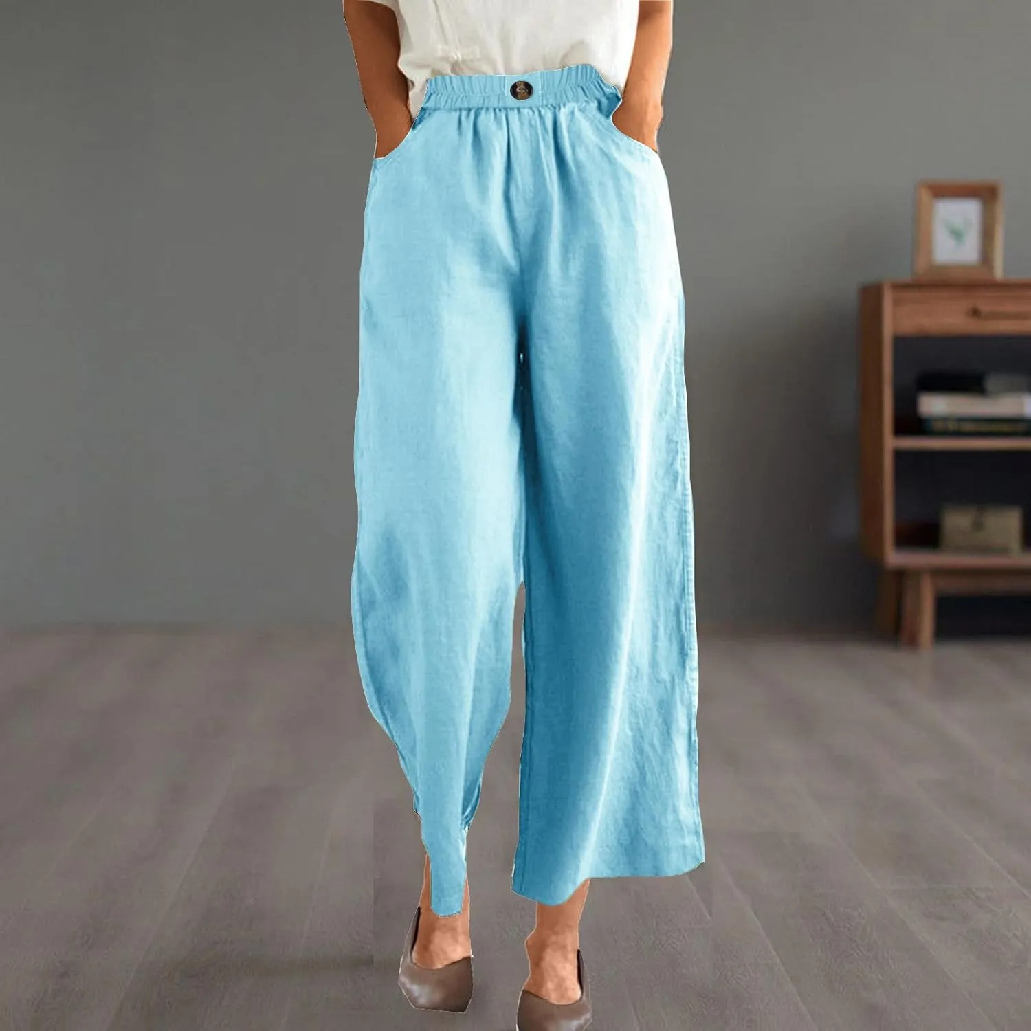 Womens Linen Pants Summer Palazzo Travel Trousers High Tunic Waist Flowy Wide Leg Beach Pant with Pockets