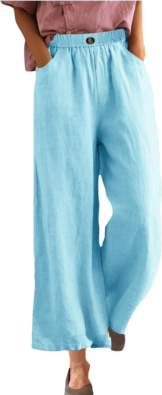 Womens Linen Pants Summer Palazzo Travel Trousers High Tunic Waist Flowy Wide Leg Beach Pant with Pockets