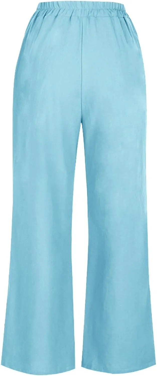 Womens Linen Pants Summer Palazzo Travel Trousers High Tunic Waist Flowy Wide Leg Beach Pant with Pockets