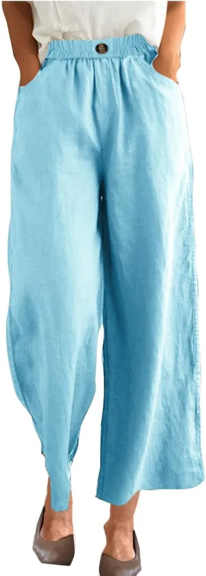Womens Linen Pants Summer Palazzo Travel Trousers High Tunic Waist Flowy Wide Leg Beach Pant with Pockets
