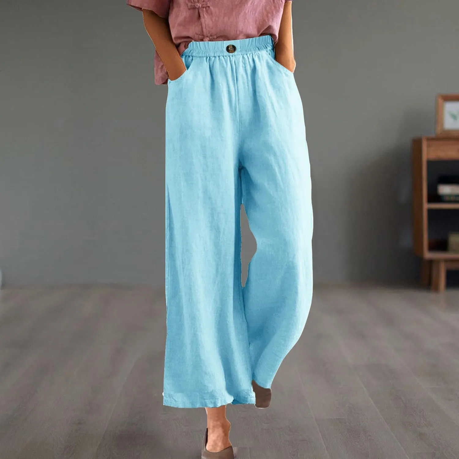 Womens Linen Pants Summer Palazzo Travel Trousers High Tunic Waist Flowy Wide Leg Beach Pant with Pockets
