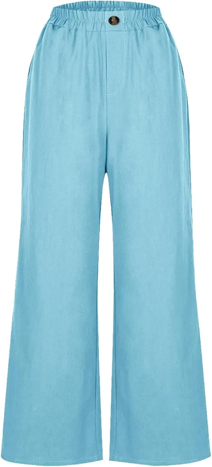 Womens Linen Pants Summer Palazzo Travel Trousers High Tunic Waist Flowy Wide Leg Beach Pant with Pockets