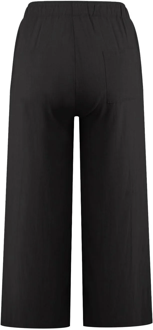 Womens Linen Pants Summer Wide Leg Lounge Cropped Pants with Pockets Drawstring Elastic Waist Beach Trousers 2025