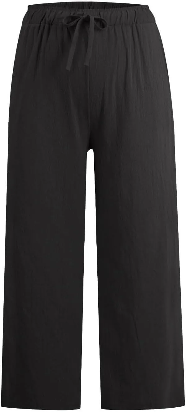 Womens Linen Pants Summer Wide Leg Lounge Cropped Pants with Pockets Drawstring Elastic Waist Beach Trousers 2025