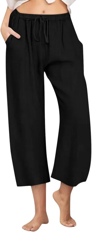 Womens Linen Pants Summer Wide Leg Lounge Cropped Pants with Pockets Drawstring Elastic Waist Beach Trousers 2025