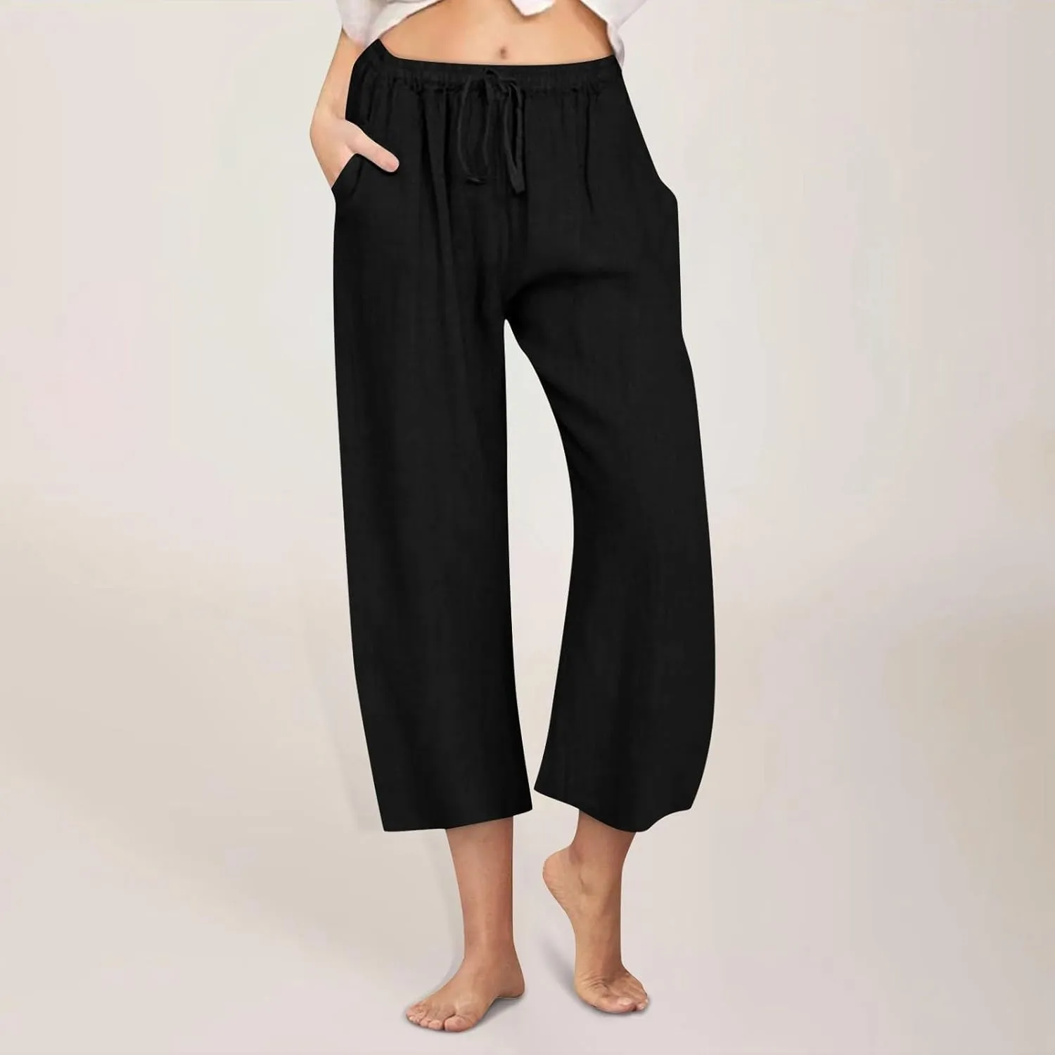 Womens Linen Pants Summer Wide Leg Lounge Cropped Pants with Pockets Drawstring Elastic Waist Beach Trousers 2025