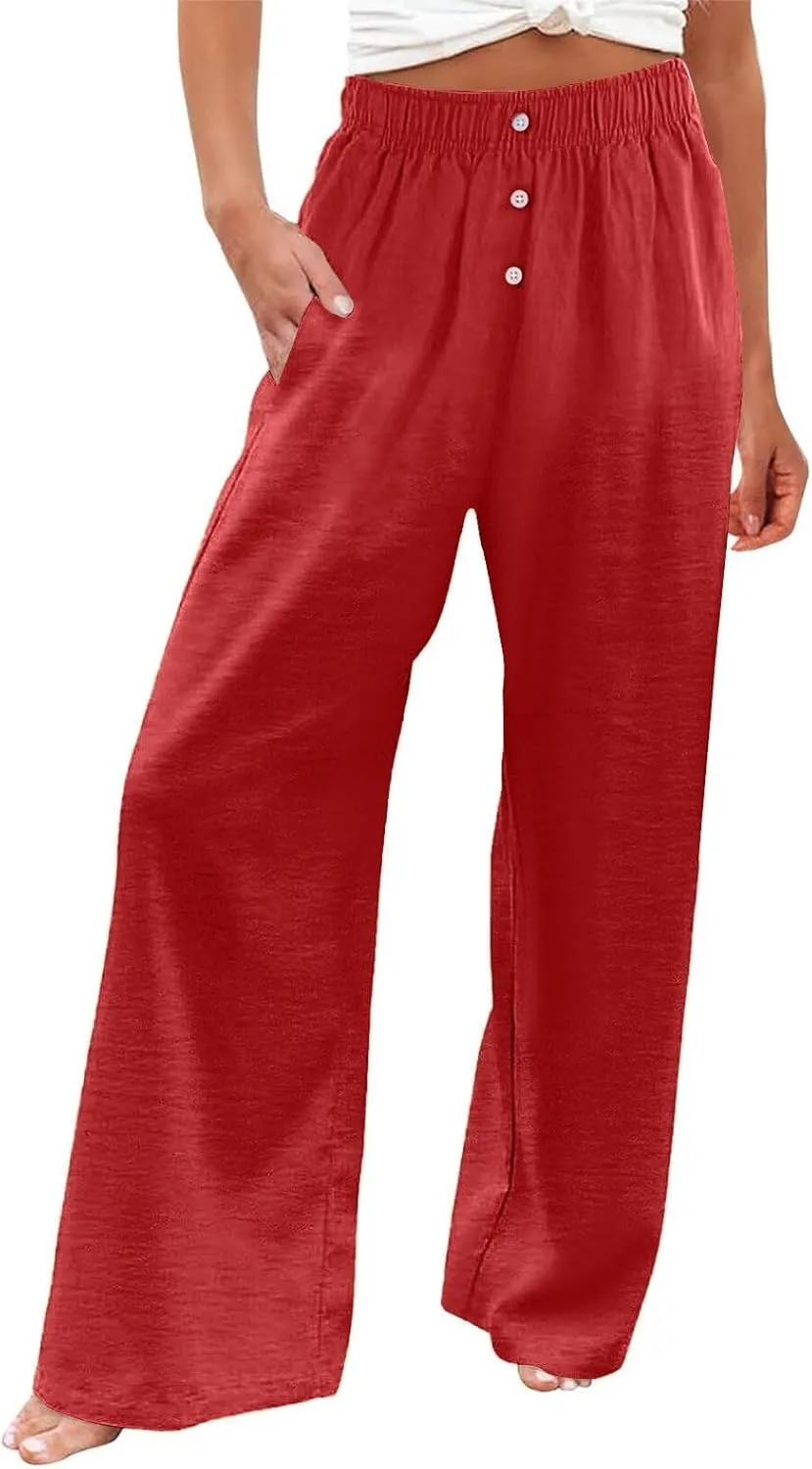 Womens Linen Pants Summer Wide Leg Palazzo High Waist Lightweight Beach Casual Vacation Pant