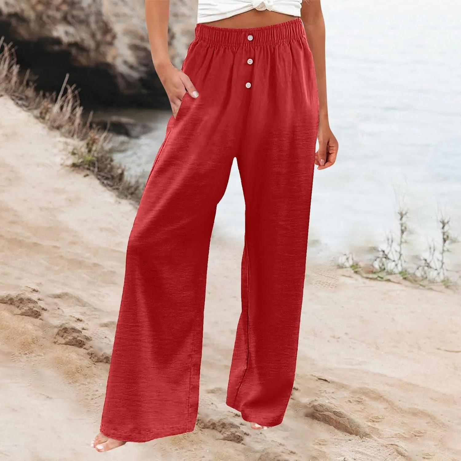 Womens Linen Pants Summer Wide Leg Palazzo High Waist Lightweight Beach Casual Vacation Pant