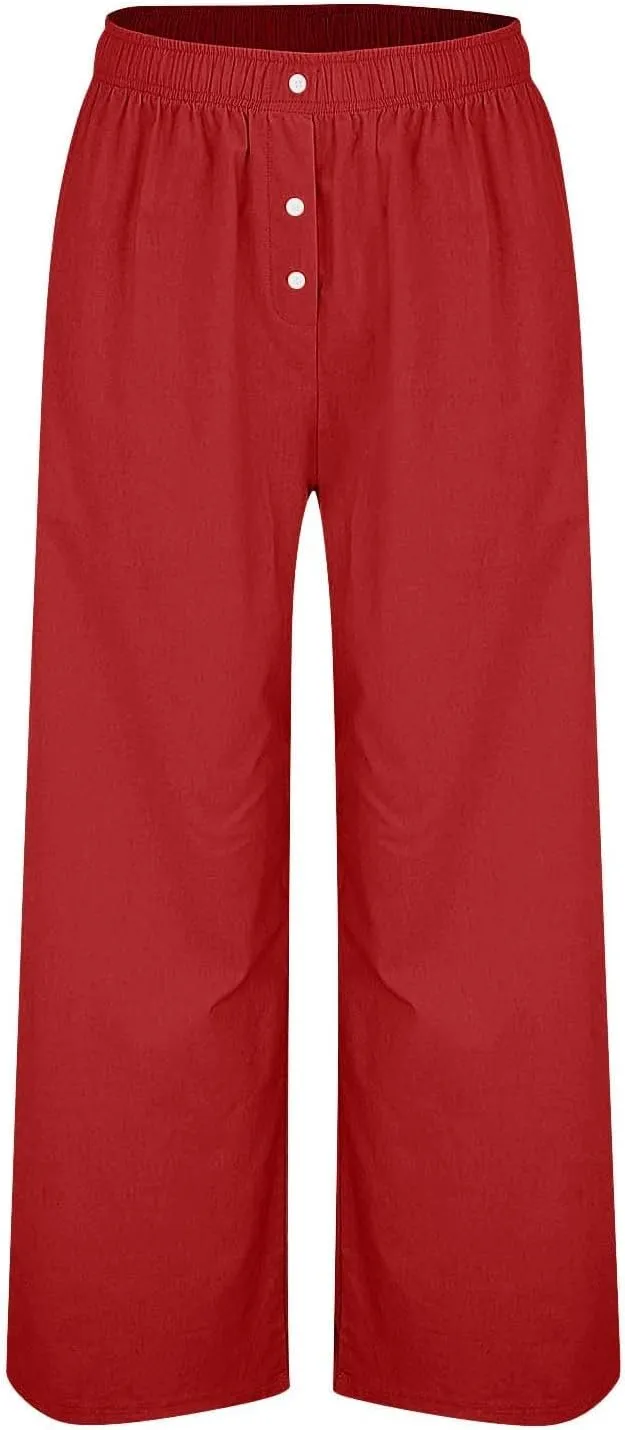 Womens Linen Pants Summer Wide Leg Palazzo High Waist Lightweight Beach Casual Vacation Pant