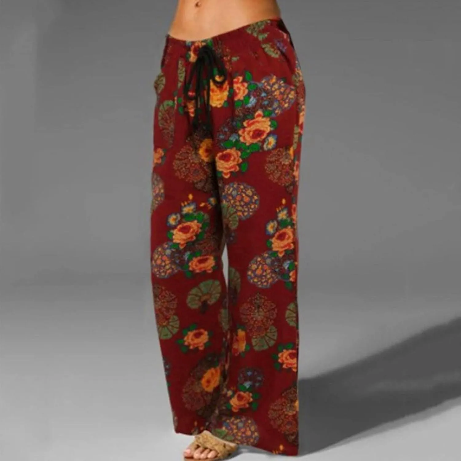 Womens Linen Pants Wide Leg Pockets Elastic Belt Waist Pants Long Trousers Crop Linen Pants for Women