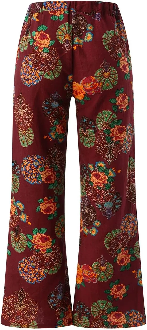 Womens Linen Pants Wide Leg Pockets Elastic Belt Waist Pants Long Trousers Crop Linen Pants for Women