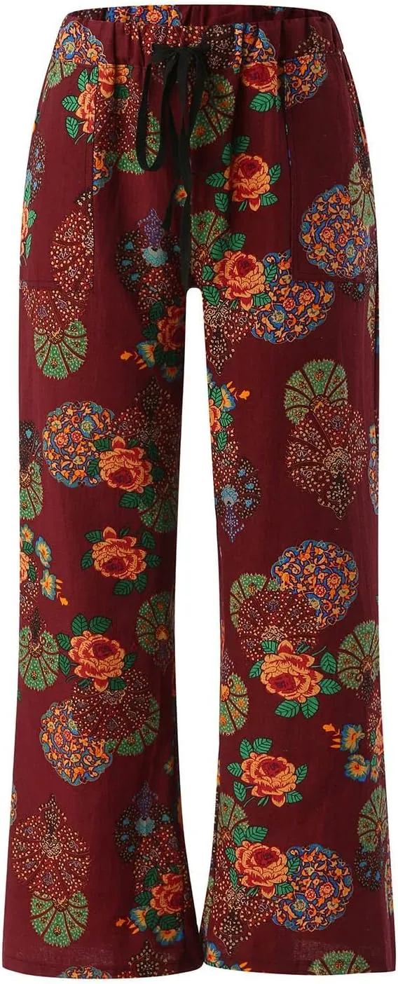 Womens Linen Pants Wide Leg Pockets Elastic Belt Waist Pants Long Trousers Crop Linen Pants for Women