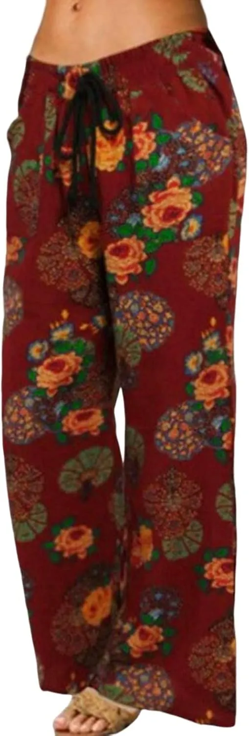 Womens Linen Pants Wide Leg Pockets Elastic Belt Waist Pants Long Trousers Crop Linen Pants for Women