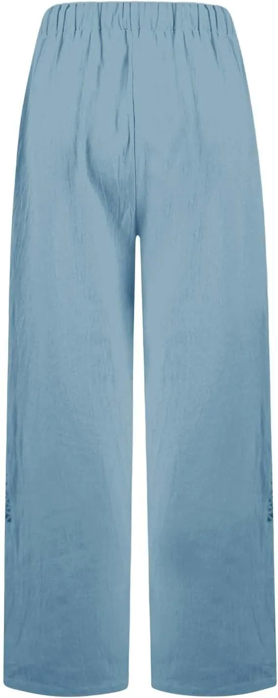 Women's Linen Pants with Pockets Drawstring Loose Fit Pants Trousers with Side Pockets Linen Blend Pants