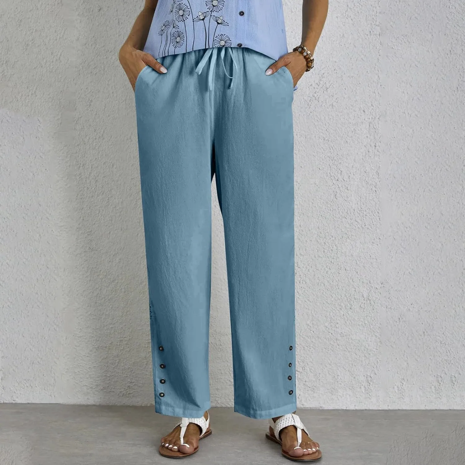 Women's Linen Pants with Pockets Drawstring Loose Fit Pants Trousers with Side Pockets Linen Blend Pants