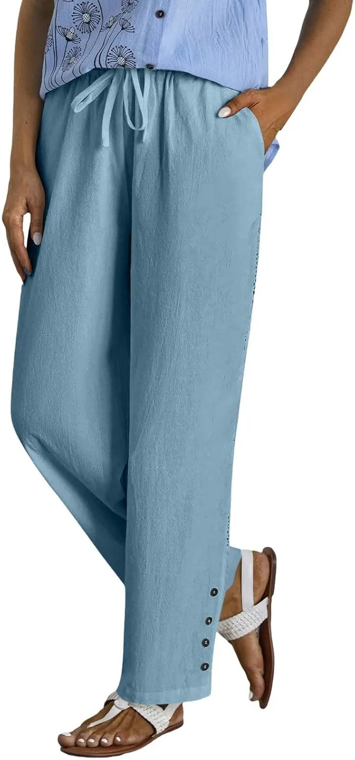 Women's Linen Pants with Pockets Drawstring Loose Fit Pants Trousers with Side Pockets Linen Blend Pants