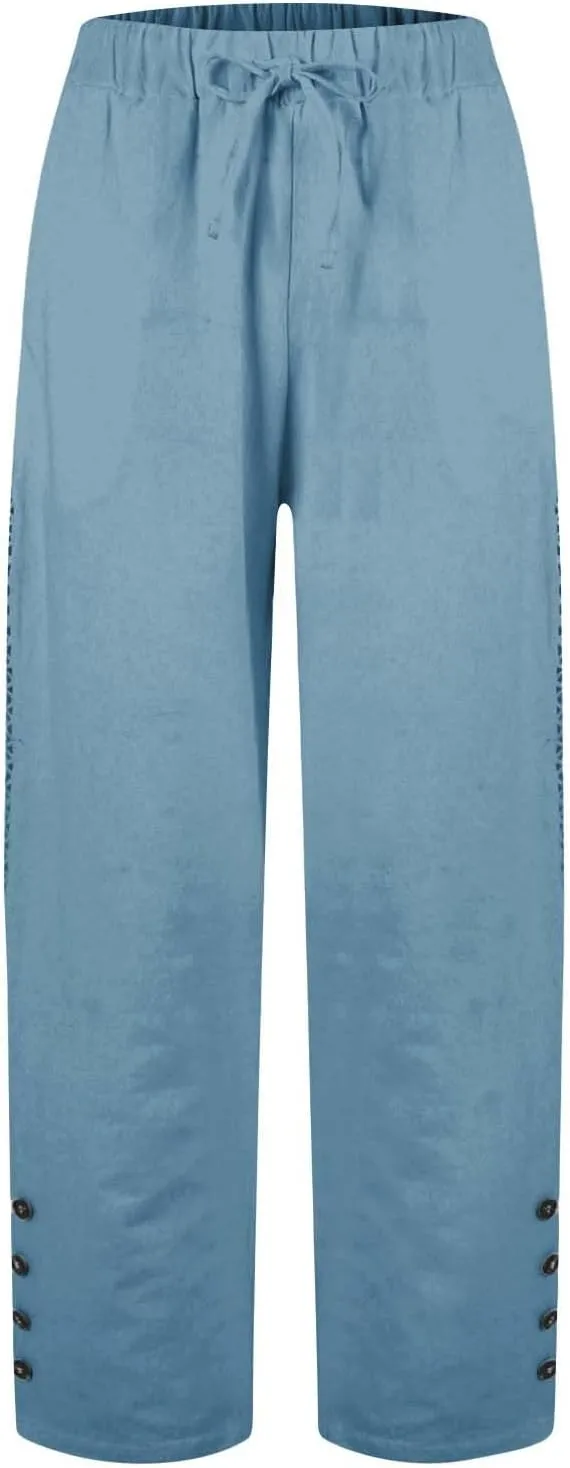 Women's Linen Pants with Pockets Drawstring Loose Fit Pants Trousers with Side Pockets Linen Blend Pants