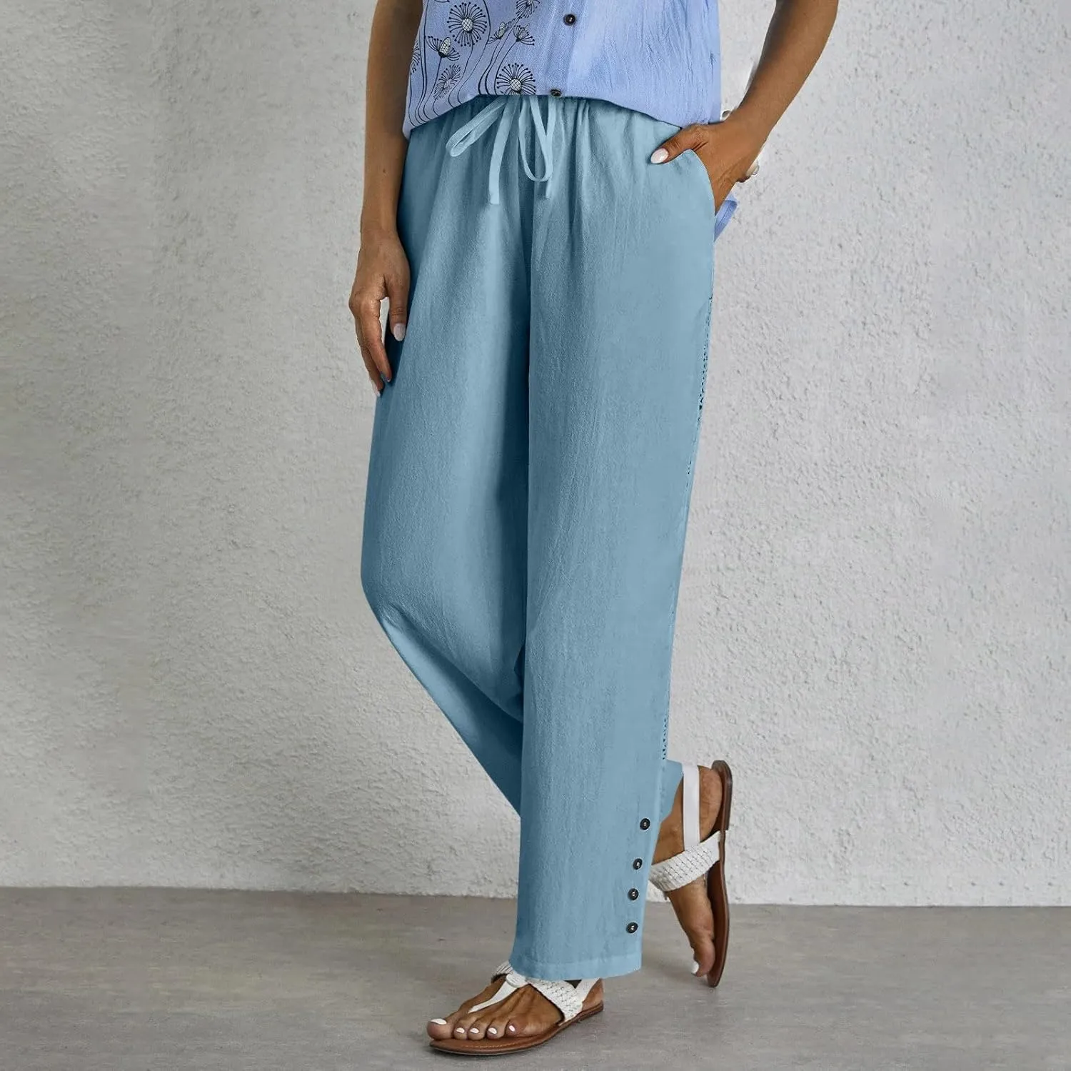 Women's Linen Pants with Pockets Drawstring Loose Fit Pants Trousers with Side Pockets Linen Blend Pants