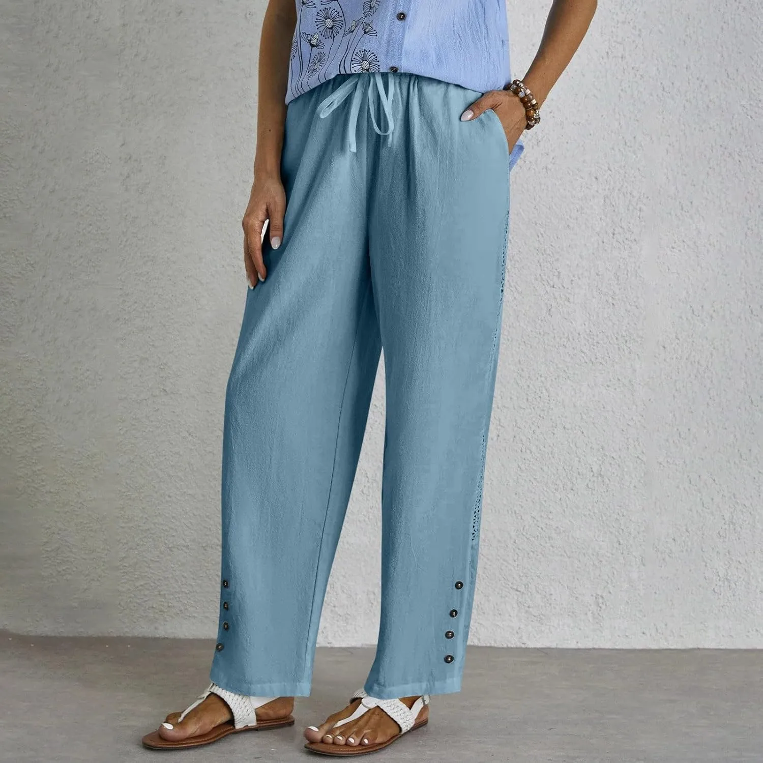 Women's Linen Pants with Pockets Drawstring Loose Fit Pants Trousers with Side Pockets Linen Blend Pants