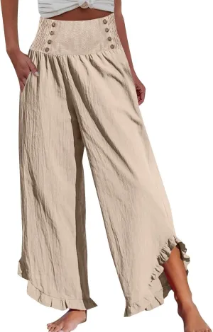 Womens Linen Summer Capri Pants 2025 High Waisted Wide Leg Pant Pleated Comfy Gauze Casual Lightweight Loose
