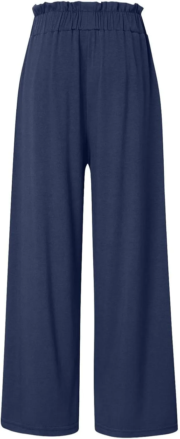 Womens Linen Summer Printed Palazzo Lounge Pants Elastic Waisted Straight Plus Size Palazzo Pants Vacation