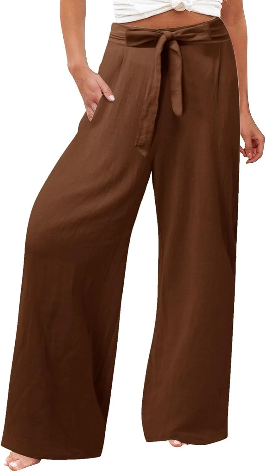 Women's Linen Summer Split Flowy Palazzo Lounge Pants Elastic Waisted Ankle Length Slim Fit Palazzo Lounge