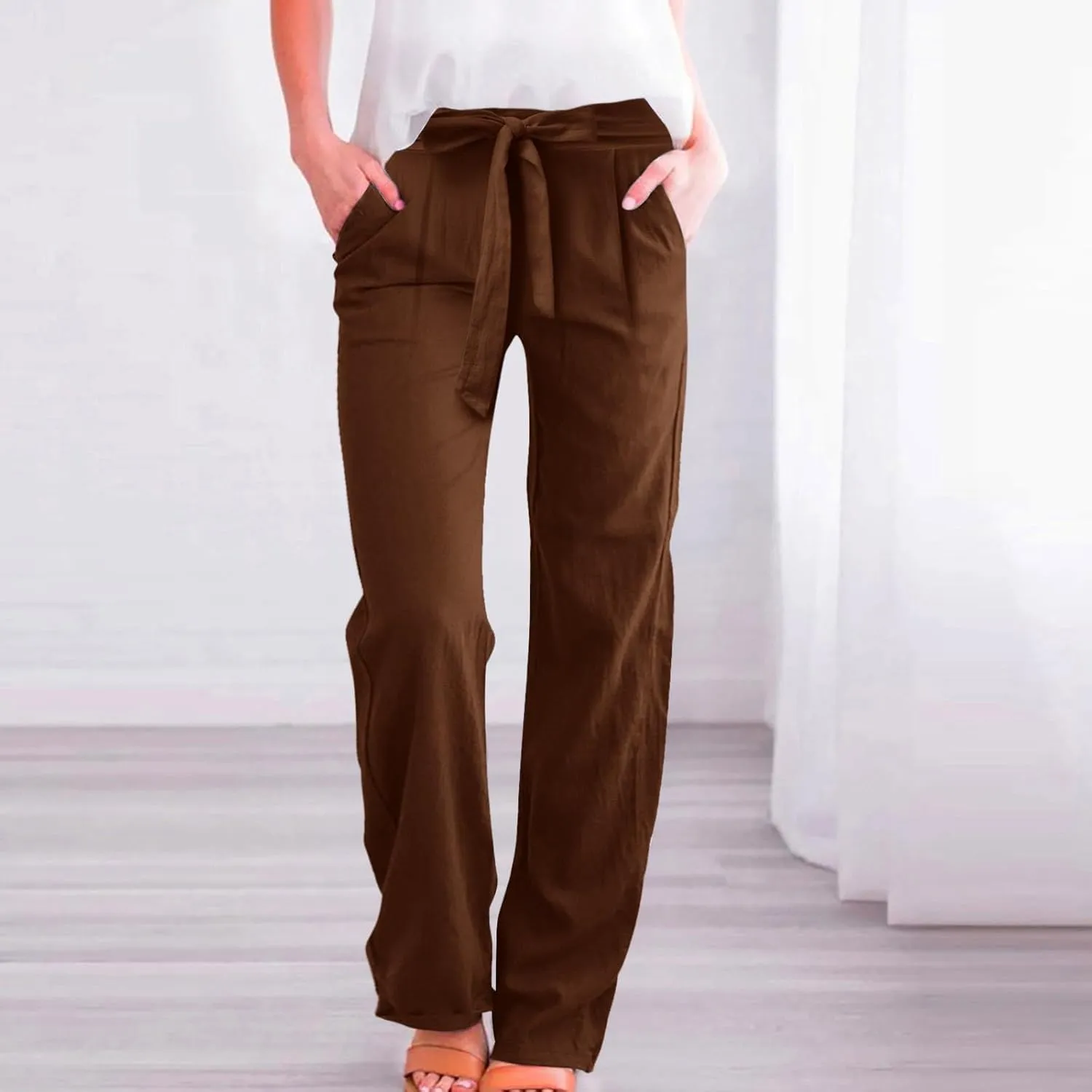 Women's Linen Summer Split Flowy Palazzo Lounge Pants Elastic Waisted Ankle Length Slim Fit Palazzo Lounge