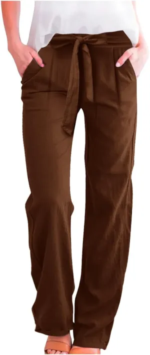 Women's Linen Summer Split Flowy Palazzo Lounge Pants Elastic Waisted Ankle Length Slim Fit Palazzo Lounge