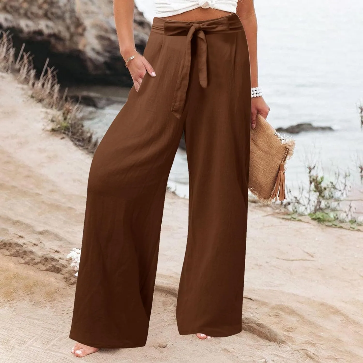 Women's Linen Summer Split Flowy Palazzo Lounge Pants Elastic Waisted Ankle Length Slim Fit Palazzo Lounge