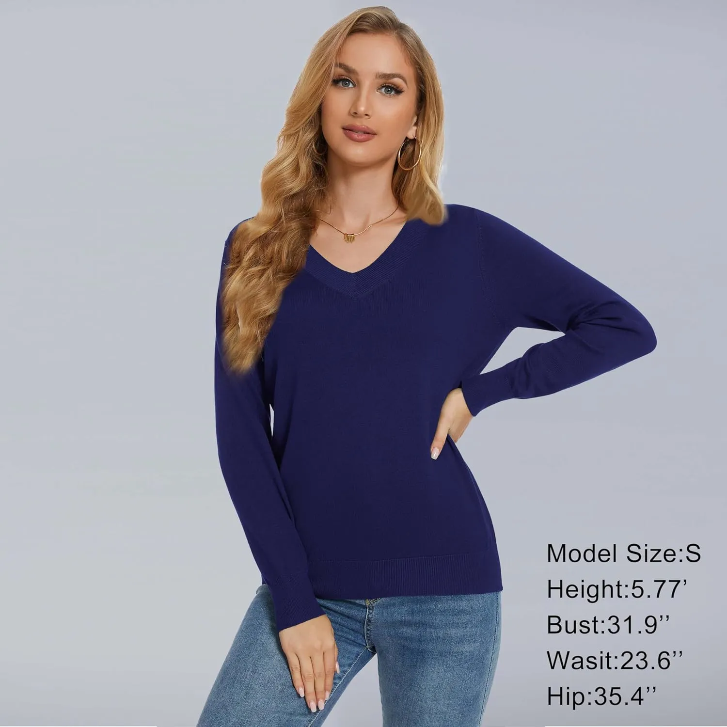 Women's Long-Sleeve Pullover Lightweight Soft V-Neck Casual Sweater Top