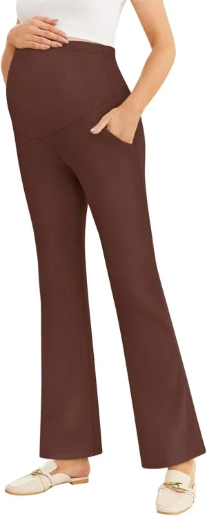 Women's Maternity Pants Casual Adjustable High Waist Flare Leggings Stretchy Pregnancy Trousers with Pockets