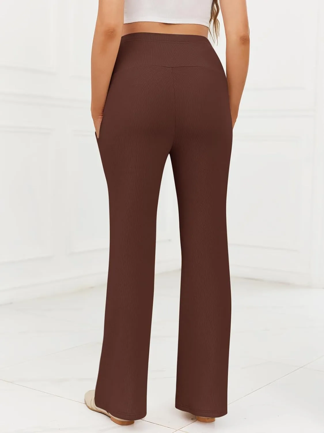 Women's Maternity Pants Casual Adjustable High Waist Flare Leggings Stretchy Pregnancy Trousers with Pockets