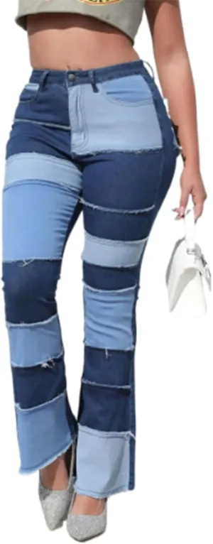 Womens Mid Waist Bell Bottom Stretchy Flare Jeans Pants High Waist Baggy Boyfriend Distressed Denim Pants