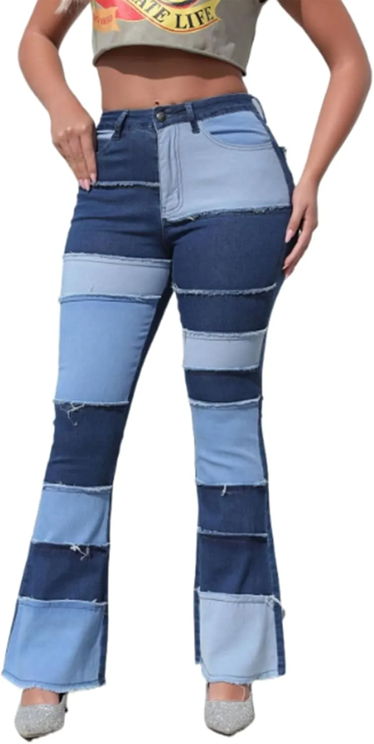 Womens Mid Waist Bell Bottom Stretchy Flare Jeans Pants High Waist Baggy Boyfriend Distressed Denim Pants