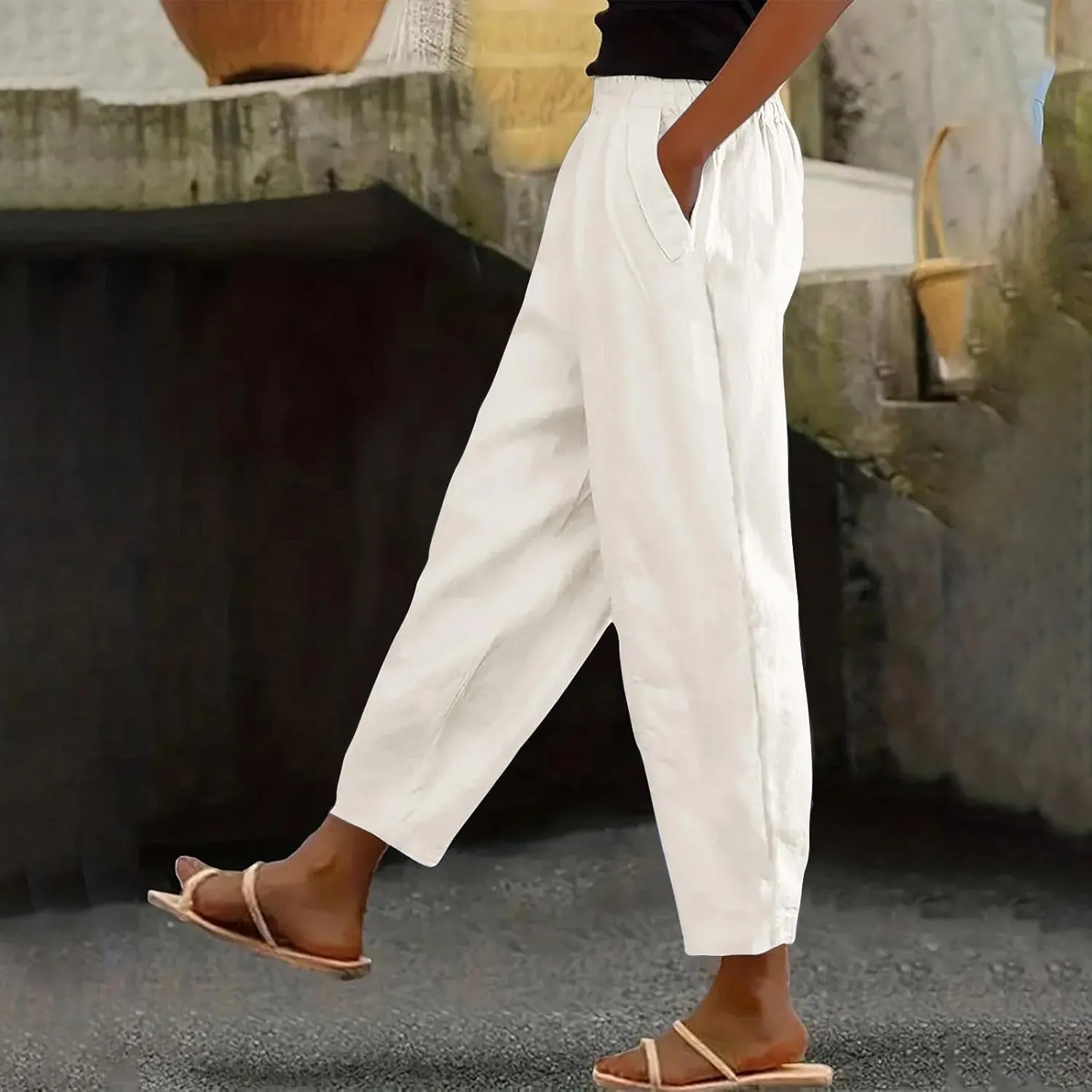 Womens Palazzo Pants Beach Trousers Casual Lightweight Elastic Waist Pants with Pockets Loose Fit Full Length Pants