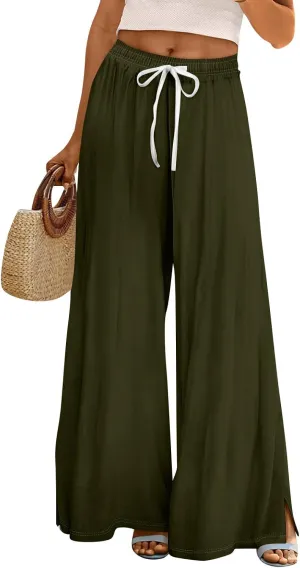 Women's Palazzo Pants Wide Leg Loose Floral Lounge Pants Beach Drawstring Elastic Waist Slacks with Pockets