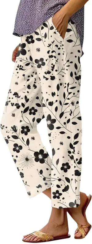 Womens Pants Casual Boho Floral Print Cotton Linen Pants Elastic Waisted Summer Beach Vacation Trouser with Pockets