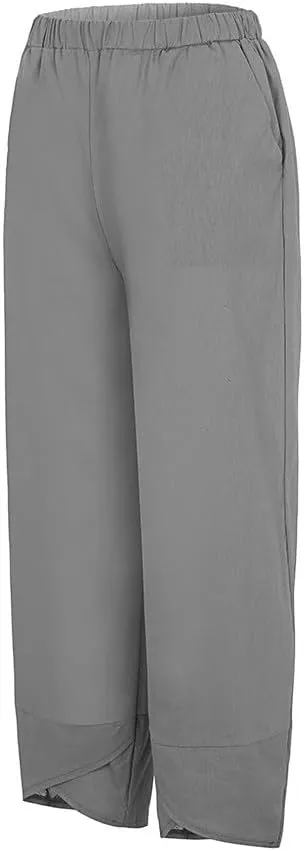 Womens Pants Casual Cotton Linen Plus Size Elastic Waist Capris Summer Loose Lightweight Cropped Pants with Pockets