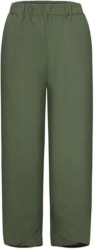 Womens Pants Casual Cotton Linen Plus Size Elastic Waist Capris Summer Loose Lightweight Cropped Pants with Pockets