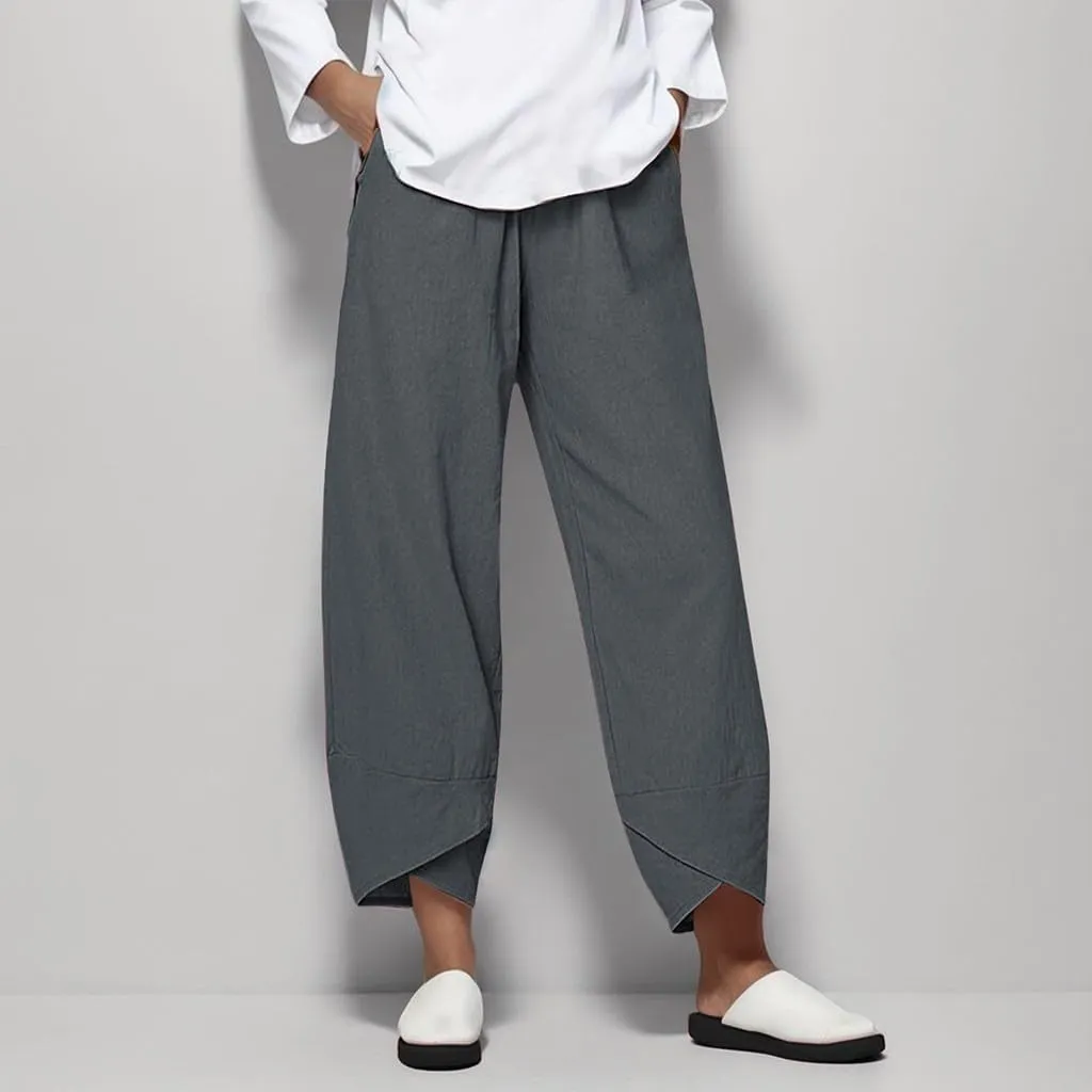 Womens Pants Casual Cotton Linen Plus Size Elastic Waist Capris Summer Loose Lightweight Cropped Pants with Pockets