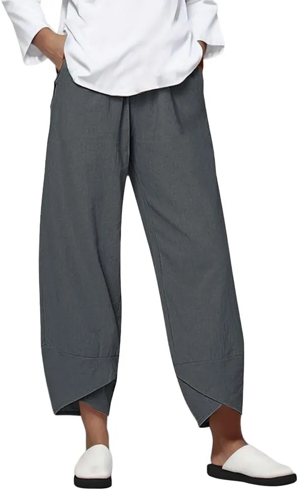Womens Pants Casual Cotton Linen Plus Size Elastic Waist Capris Summer Loose Lightweight Cropped Pants with Pockets