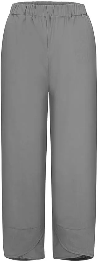 Womens Pants Casual Cotton Linen Plus Size Elastic Waist Capris Summer Loose Lightweight Cropped Pants with Pockets