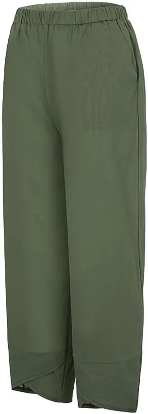 Womens Pants Casual Cotton Linen Plus Size Elastic Waist Capris Summer Loose Lightweight Cropped Pants with Pockets