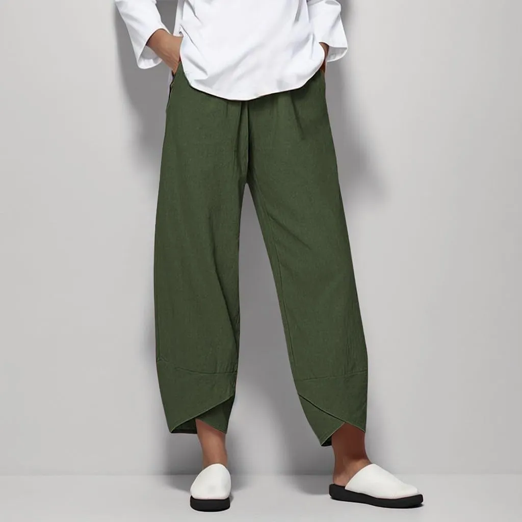 Womens Pants Casual Cotton Linen Plus Size Elastic Waist Capris Summer Loose Lightweight Cropped Pants with Pockets