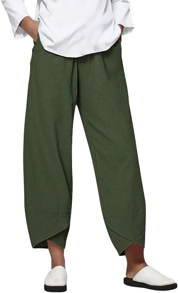 Womens Pants Casual Cotton Linen Plus Size Elastic Waist Capris Summer Loose Lightweight Cropped Pants with Pockets