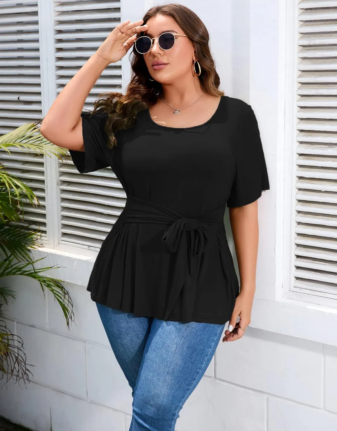 Women's Plus Size Dressy Tops Casual T Shirt Short Sleeve Tunic Top Plus Size Scoop Neck Summer Blouse Shirt with Belt