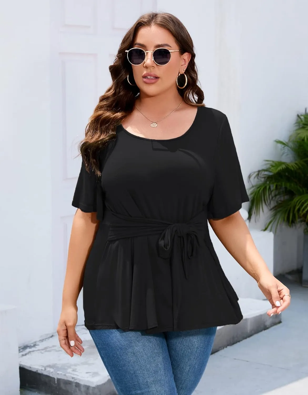 Women's Plus Size Dressy Tops Casual T Shirt Short Sleeve Tunic Top Plus Size Scoop Neck Summer Blouse Shirt with Belt