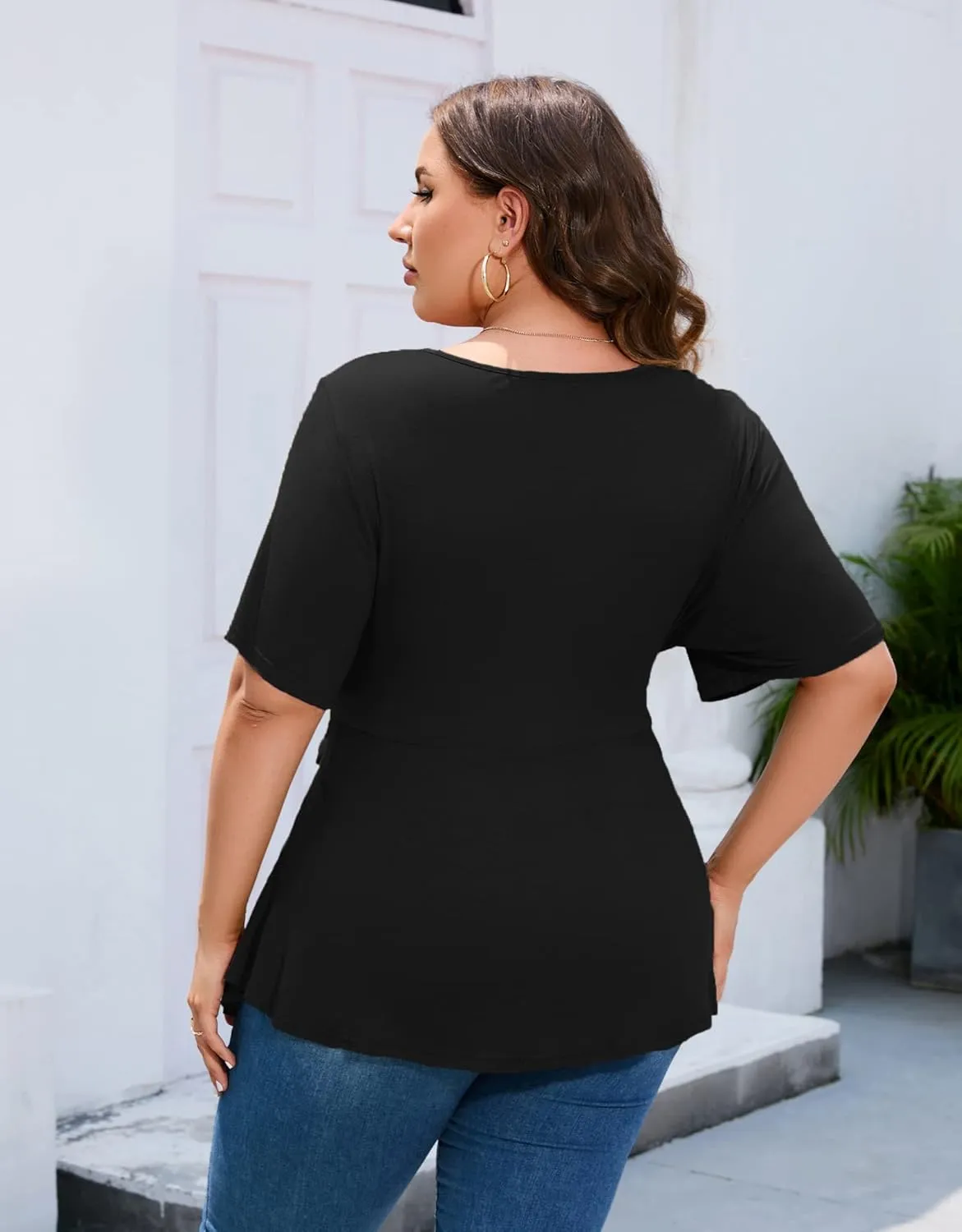 Women's Plus Size Dressy Tops Casual T Shirt Short Sleeve Tunic Top Plus Size Scoop Neck Summer Blouse Shirt with Belt